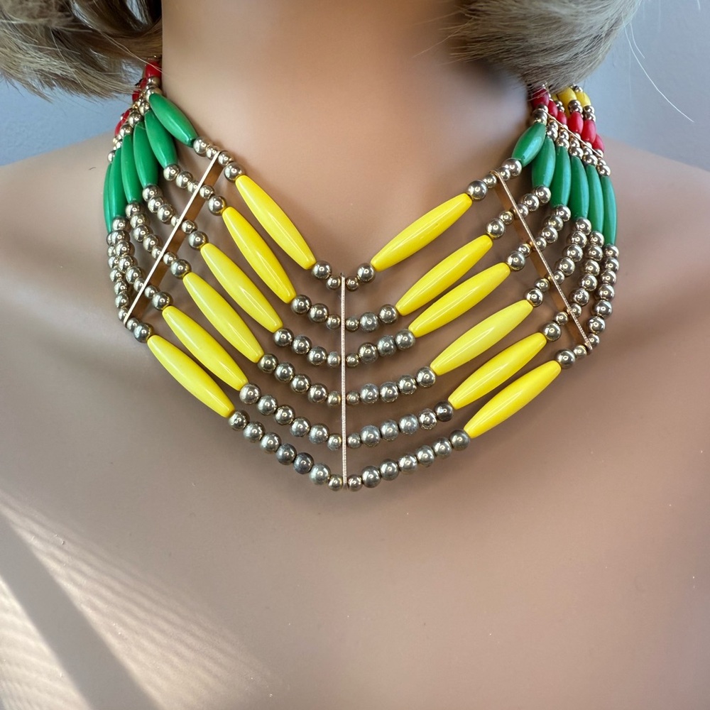 Regal Rhythm Beaded Statement Necklace – Red, Yellow & Green Multilayer